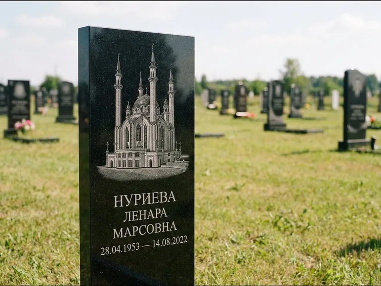 Мусульманский памятник с гравировкой мечети: узкая вертикальная стела-пилон — гравировка мечети в михраб-арке с орнаментом, открытая лужайка без ограды, работа «Хайруллина» в Сургуте