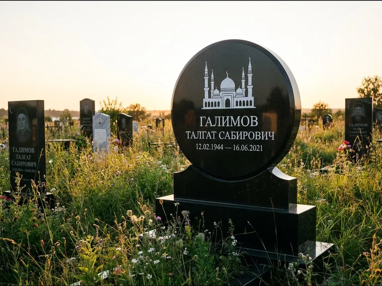 Мусульманский памятник с гравировкой мечети: округлая стела-медальон на тумбе — гравировка мечети в михраб-арке с орнаментом, луговые травы и полевые цветы, работа «Каримов» в Сургуте