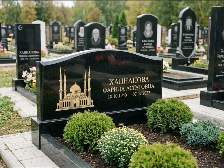 Мусульманский памятник с гравировкой мечети: вытянутая горизонтальная семейная стела с аркой — белая гравировка силуэта мечети с минаретами, участок с декоративными кустами, работа «Гарипова» в Сургуте