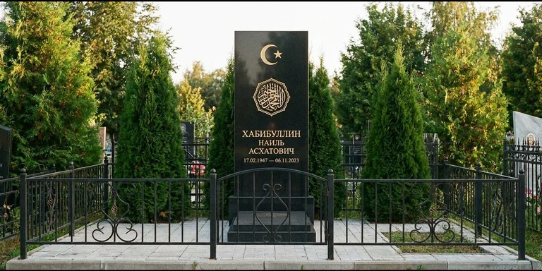 Гравировка на мусульманском памятнике в Сургуте — стела из чёрного гранита, оформление по канонам ислама