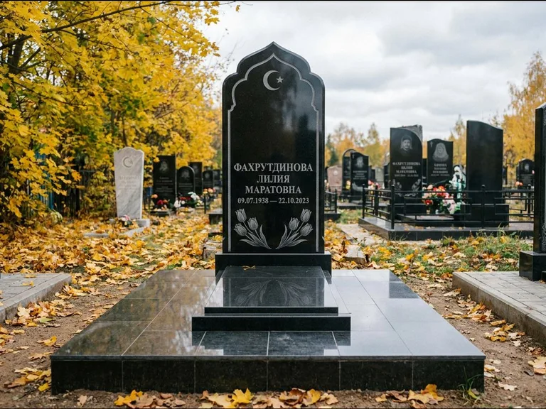 Мусульманский памятник: стела с михраб-навершием в форме арки — гравировка минарета с полумесяцем, гранитный цоколь с тёмной плиткой, работа «Фахрутдинова» в Сургуте