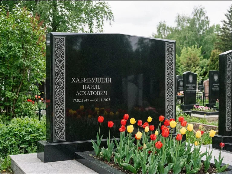 Мусульманский памятник: широкая двойная семейная стела — золочёная гравировка мечети, цветник с тюльпанами, работа «Хабибуллин» в Сургуте