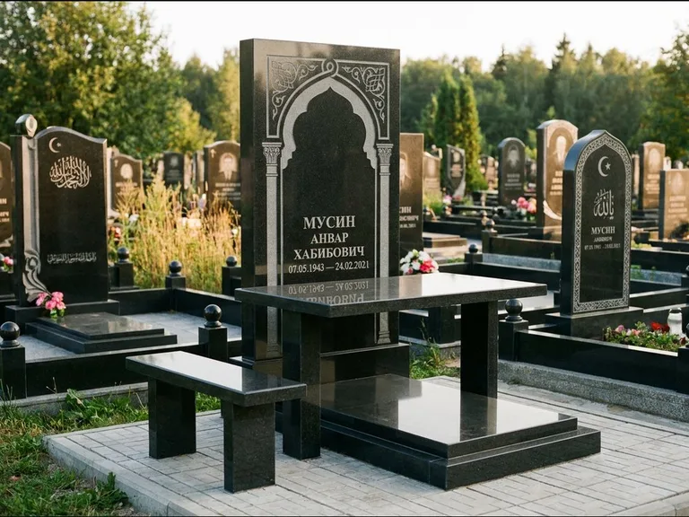 Мусульманский памятник: стела с гранитным столиком и скамьёй — гравировка мечети под полумесяцем и звёздами, семейный участок с плиткой, работа «Гимаев» в Сургуте