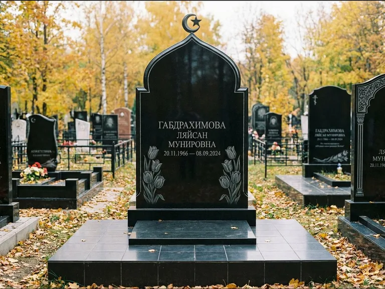 Мусульманский памятник: массивная стела с михраб-навершием — белая гравировка силуэта мечети с минаретами, цоколь тёмной плиткой, работа «Магомедова» в Сургуте