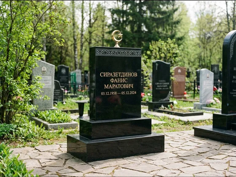 Мусульманский памятник: ступенчатая трёхуровневая стела — золочёная гравировка мечети, дорожка из природного плитняка, работа «Мустафин» в Сургуте