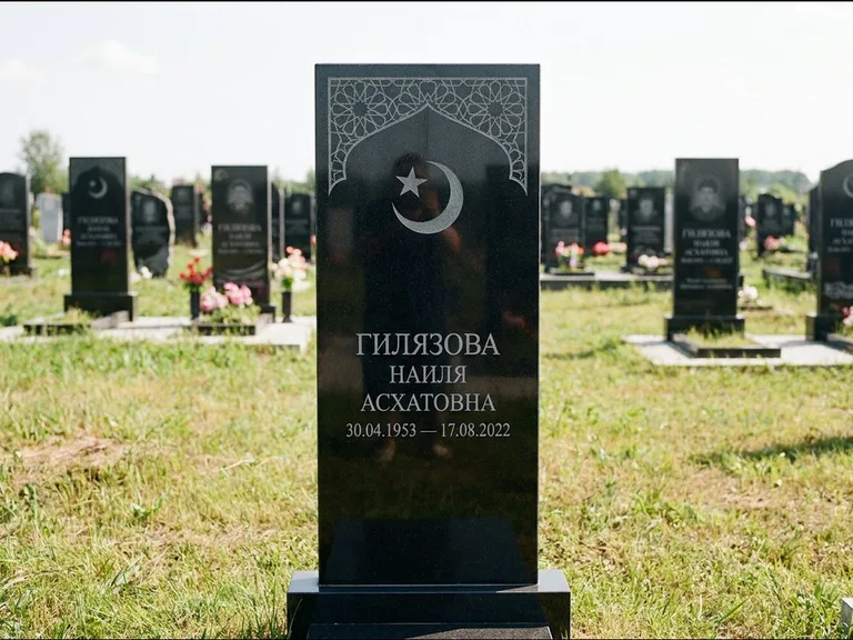 Мусульманский памятник: узкая вертикальная стела-пилон с полумесяцем — гравировка мечети в михраб-арке с орнаментом, открытая лужайка без ограды, работа «Ибрагимова» в Сургуте