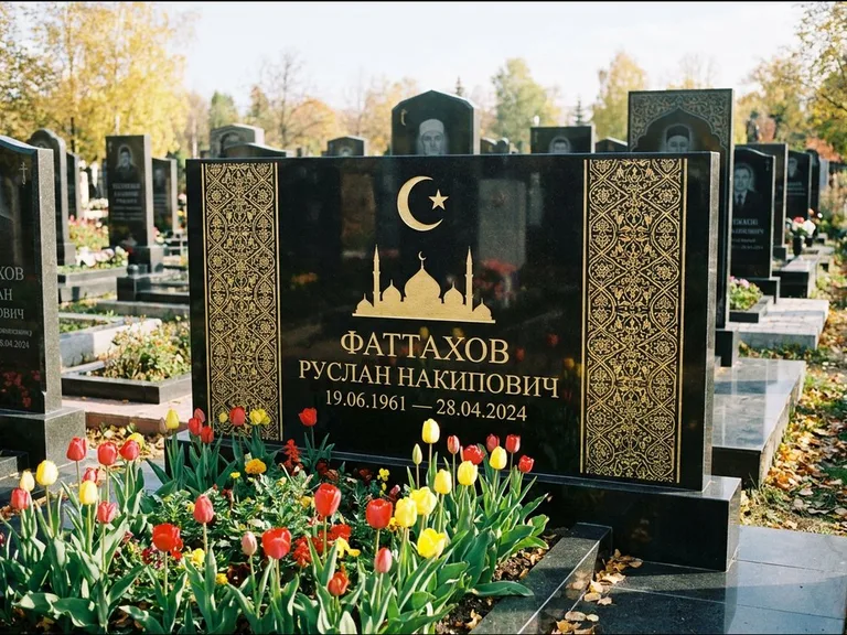 Мусульманский памятник: широкая панорамная стела с золочёным орнаментом — гравировка минарета с полумесяцем, цветник с тюльпанами, работа «Сулейманов» в Сургуте