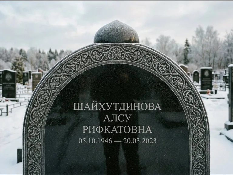 Мусульманский памятник: полукруглая стела с купольным навершием — гравировка мечети под полумесяцем и звёздами, заснеженный зимний участок, работа «Ганиева» в Сургуте