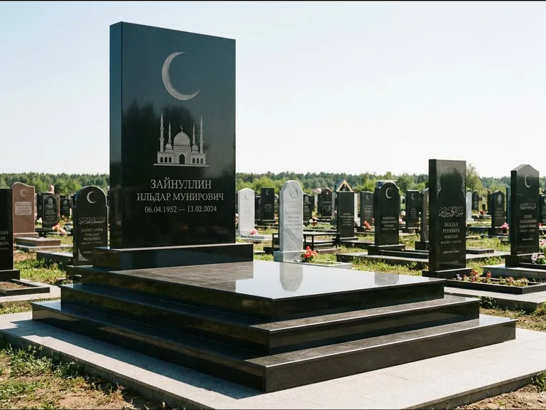 Мусульманский памятник: массивная стела на ступенчатом постаменте — гравировка мечети под полумесяцем и звёздами, гранитная площадка без ограды, работа «Хабибуллин» в Сургуте