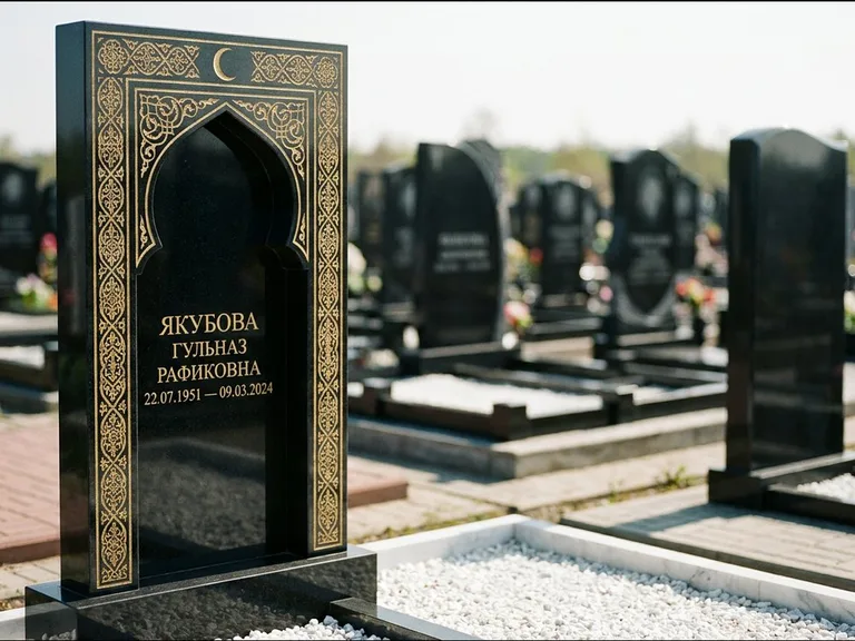 Мусульманский памятник: стела в форме михраба с глубокой нишей и золочёным орнаментом — детализированная гравировка мечети Кул-Шариф, участок с белой мраморной крошкой, работа «Мустафин» в Сургуте