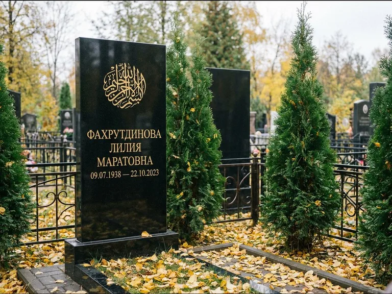 Мусульманский памятник — шахада в верхней части стелы, работа «Фахрутдинова» в Сургуте