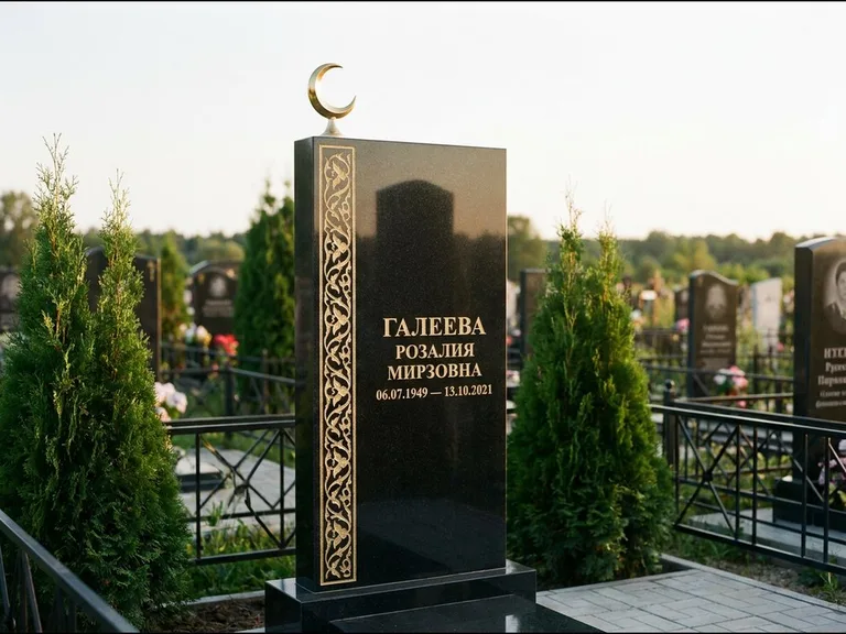 Памятник с гравировкой полумесяца — золочёный полумесяц и колонна растительного орнамента-ислими, работа «Галеева» в Сургуте