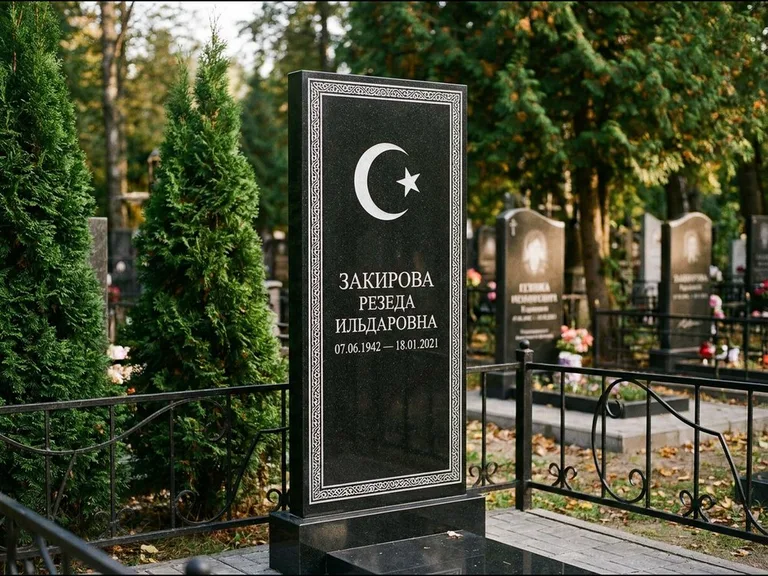 Памятник с гравировкой полумесяца — строгая белая гравировка полумесяца со звездой и орнаменталь, работа «Закирова» в Сургуте