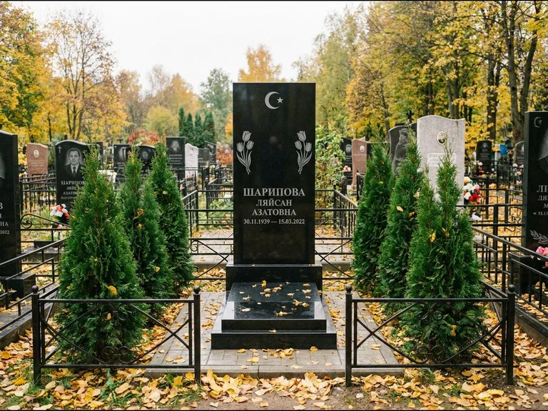 Памятник с гравировкой полумесяца — гравировка полумесяца со звездой и тюльпанами по бокам, работа «Шарипова» в Сургуте