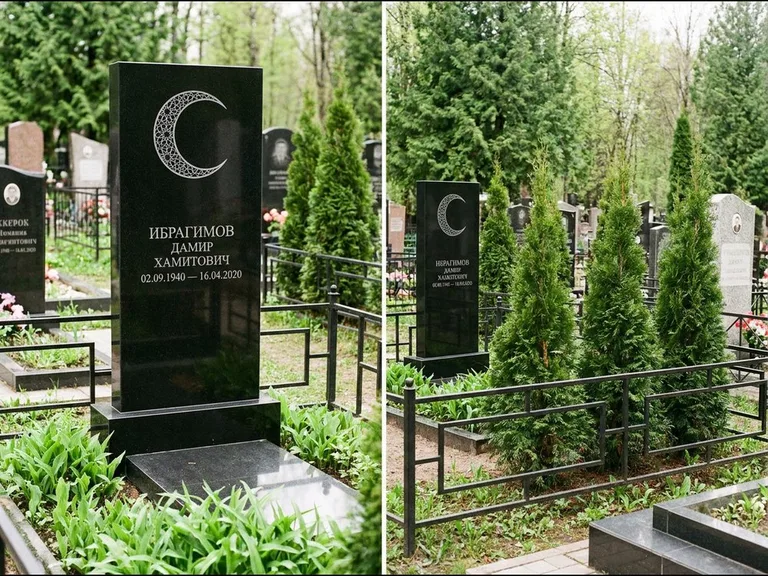 Памятник с гравировкой полумесяца — гравировка полумесяца в геометрическом орнаменте-гирихе, работа «Ибрагимов» в Сургуте