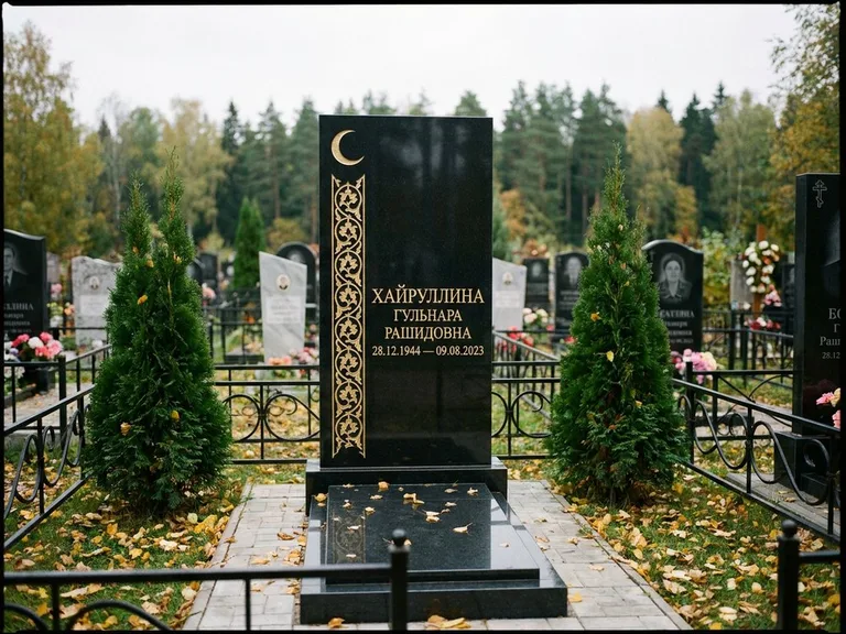 Памятник с гравировкой полумесяца — золочёный полумесяц и колонна растительного орнамента-ислими, работа «Хайруллина» в Сургуте