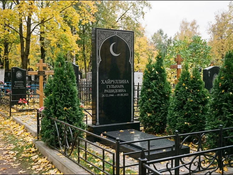Памятник с гравировкой полумесяца — гравировка полумесяца в восточной арке с орнаментом, работа «Хайруллина» в Сургуте