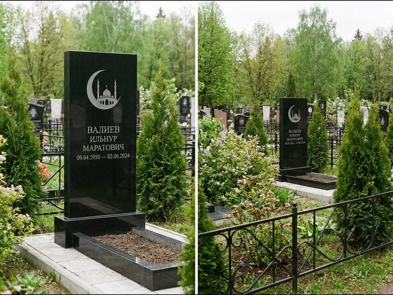 Памятник с гравировкой полумесяца — гравировка полумесяца над силуэтом мечети, работа «Валиев» в Сургуте