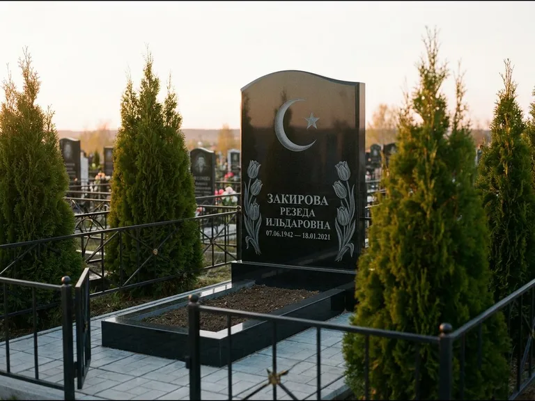 Памятник с гравировкой полумесяца — гравировка полумесяца со звездой и тюльпанами по бокам, работа «Закирова» в Сургуте