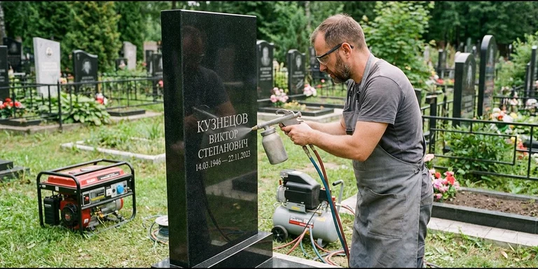 Гравировка на памятнике с выездом на кладбище в Сургуте — мастер гравирует установленный памятник