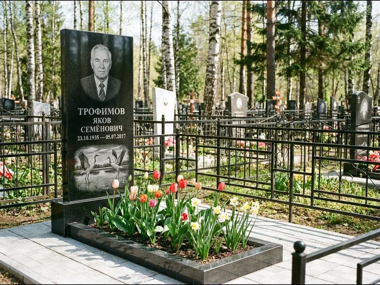 Памятник с гравировкой журавлей — гравировка пары журавлей над гладью озера в нижней части, работа «Трофимов» в Сургуте