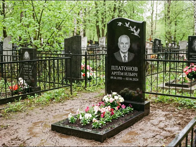 Памятник с гравировкой журавлей — белая гравировка клина журавлей, уходящего в верхний угол ст, работа «Платонов» в Сургуте