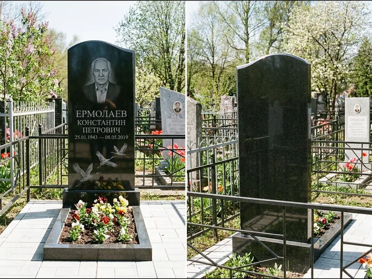 Памятник с гравировкой журавлей — гравировка трёх журавлей по диагонали через свободное поле с, работа «Ермолаев» в Сургуте