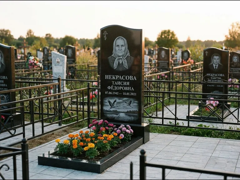 Памятник с гравировкой журавлей — гравировка пары журавлей над гладью озера в нижней части, работа «Некрасова» в Сургуте