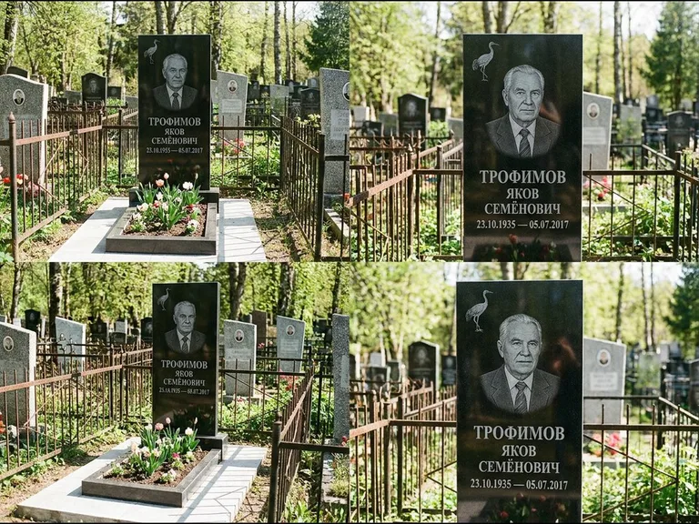 Памятник с гравировкой журавлей — гравировка одиночного летящего журавля над портретом, работа «Трофимов» в Сургуте