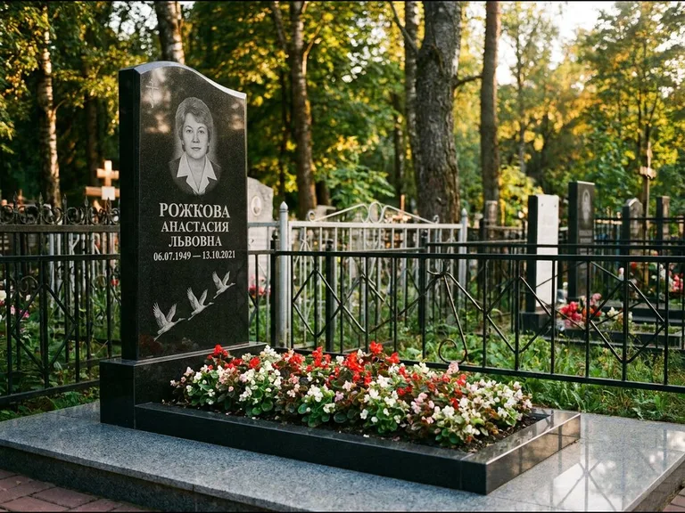 Памятник с гравировкой журавлей — гравировка трёх журавлей по диагонали через свободное поле с, работа «Рожкова» в Сургуте