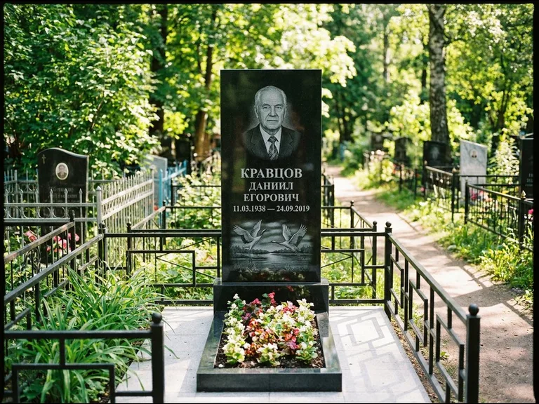 Памятник с гравировкой журавлей — гравировка пары журавлей над гладью озера в нижней части, работа «Кравцов» в Сургуте