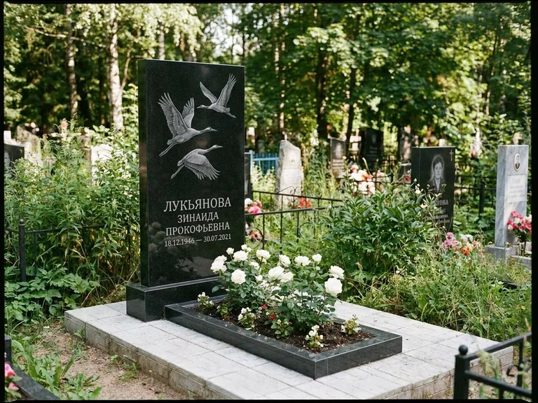 Памятник с гравировкой журавлей — гравировка журавлей, работа «Лукьянова» в Сургуте