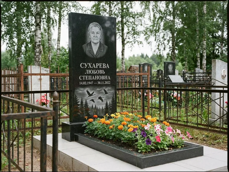 Памятник с гравировкой журавлей — гравировка силуэтов журавлей над еловым лесом, работа «Сухарева» в Сургуте