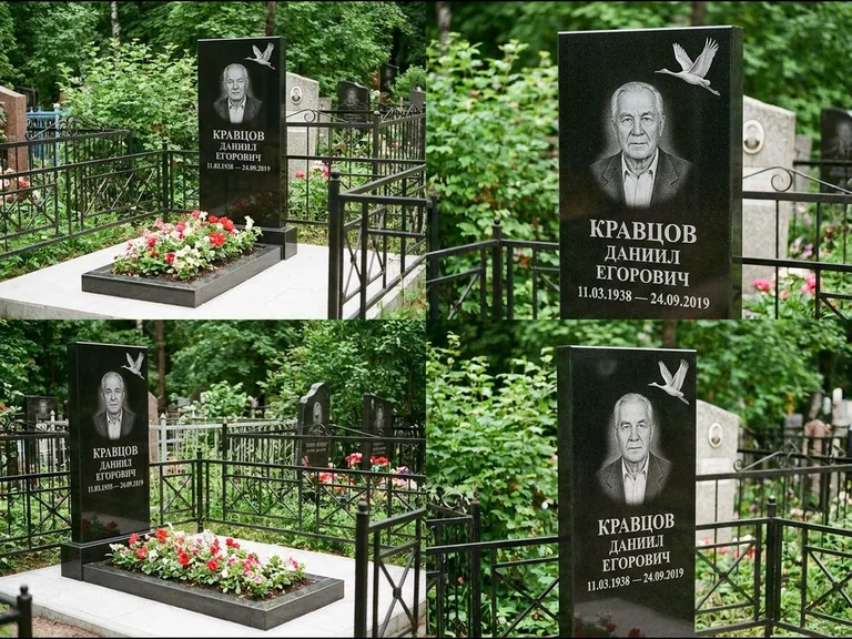 Памятник с гравировкой журавлей — белая гравировка клина журавлей, уходящего в верхний угол ст, работа «Кравцов» в Сургуте