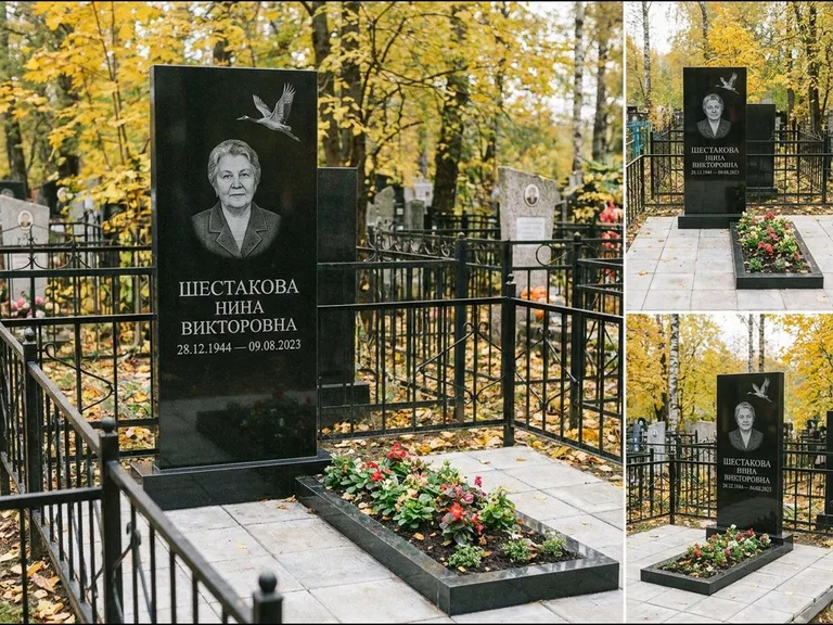 Памятник с гравировкой журавлей — гравировка одиночного летящего журавля над портретом, работа «Шестакова» в Сургуте