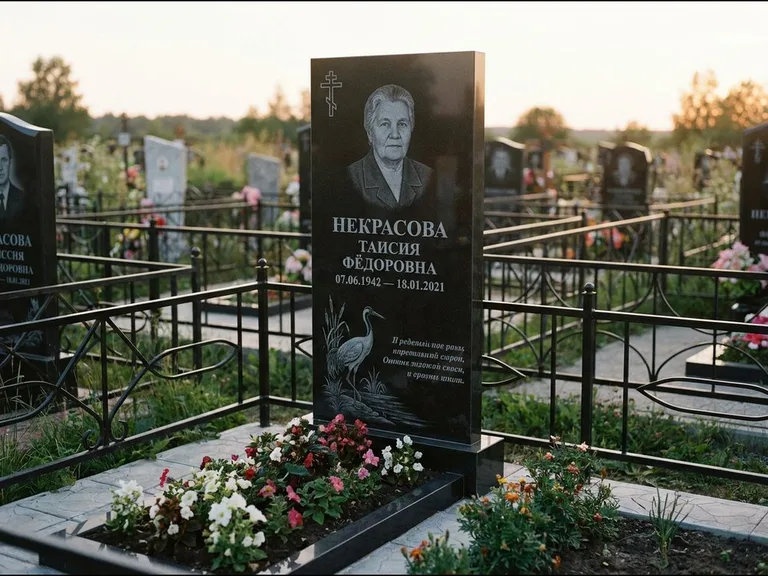Памятник с гравировкой журавлей — гравировка журавля у камышей рядом с эпитафией, работа «Некрасова» в Сургуте