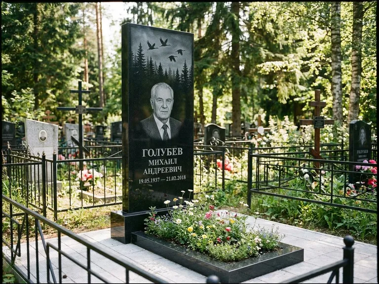 Памятник с гравировкой журавлей — гравировка силуэтов журавлей над еловым лесом, работа «Голубев» в Сургуте