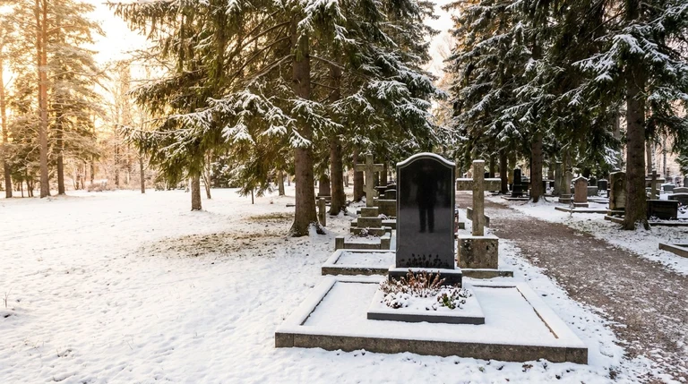 Гранитный памятник на семейном участке Пятницкого кладбища в Москве осенним днём