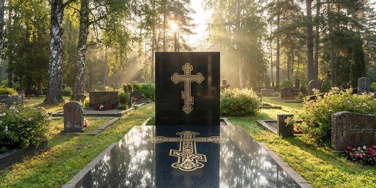 Гравировка креста на памятнике в Сургуте — православный восьмиконечный крест на граните