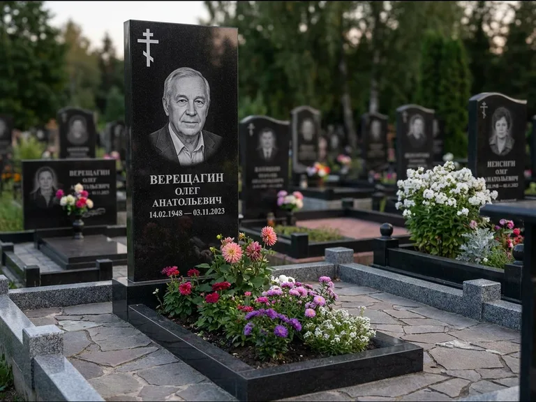Памятник из чёрного гранита — горизонтальная плита-стела с православным восьмиконечным крестом, работа «Тихонов» в Сургуте
