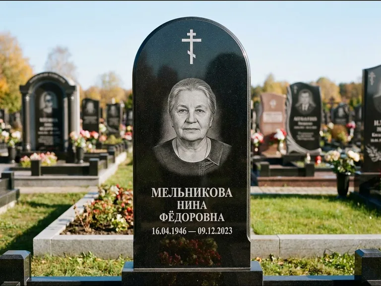 Памятник из чёрного гранита — стела с резным навершием с латинским крестом, работа «Савельева» в Сургуте