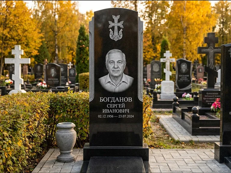 Памятник из чёрного гранита — круглая стела-медальон с армянским хачкаром, работа «Ковалёв» в Сургуте