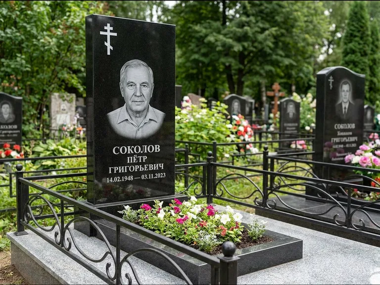 Памятник из чёрного гранита — стела с арочным верхом с православным восьмиконечным крестом, работа «Ковалёв» в Сургуте