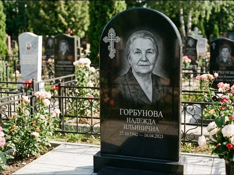 Памятник из чёрного гранита — стела с боковой колонной с крестом в лучах, работа «Мельникова» в Сургуте