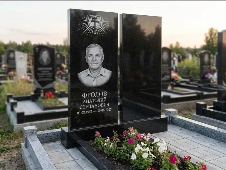 Памятник из чёрного гранита — стела на ступенчатом постаменте с золочёным крестом, работа «Богданов» в Сургуте