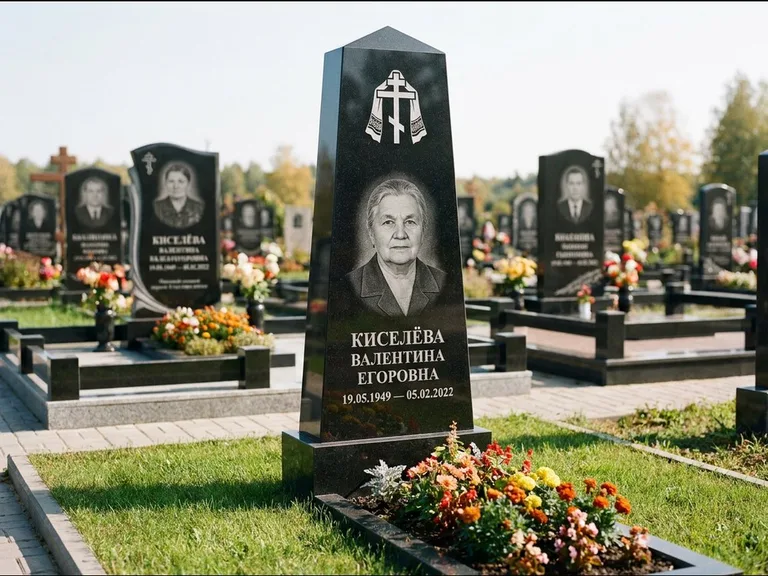 Памятник из чёрного гранита — стела со скошенным верхом с ажурным резным крестом, работа «Селезнёва» в Сургуте