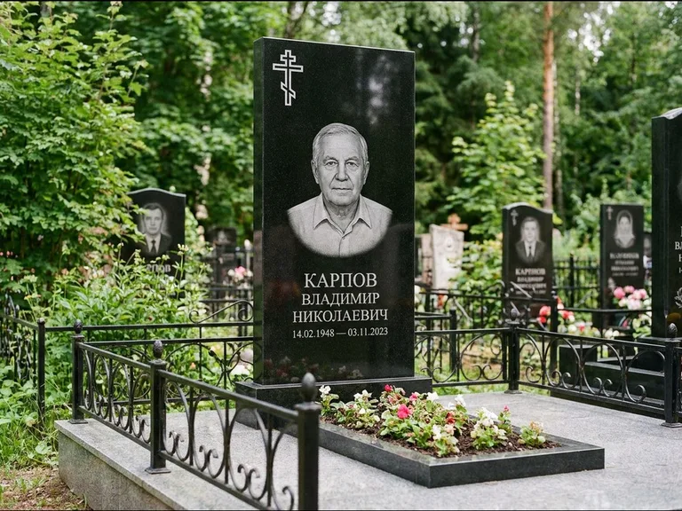 Памятник из чёрного гранита — узкая стела с ажурным крестом с православным восьмиконечным крестом, работа «Гущин» в Сургуте