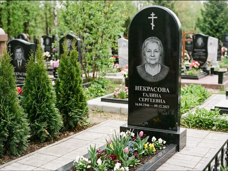 Памятник из чёрного гранита — стела с цветником-плитой с латинским крестом, работа «Лаврентьева» в Сургуте