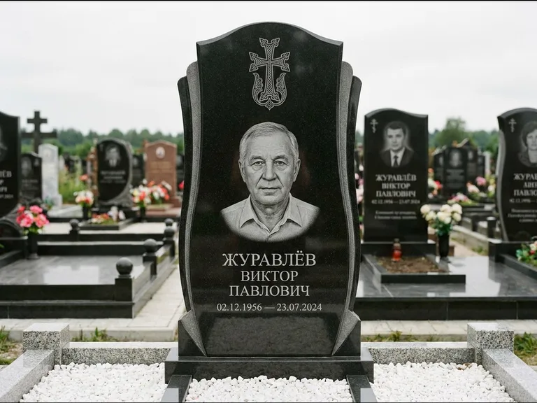 Памятник из чёрного гранита — панорамная стела с армянским хачкаром, работа «Тихонов» в Сургуте