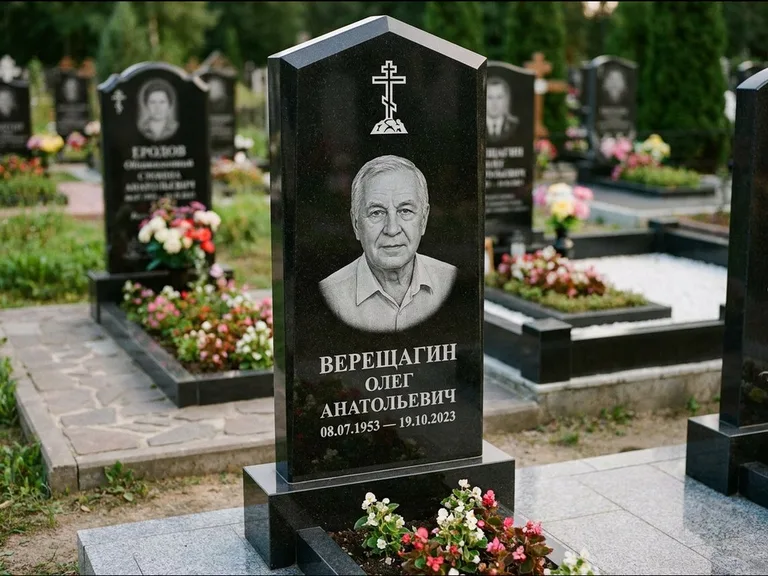 Памятник из чёрного гранита — обелиск-колонна с крестом на Голгофе, работа «Ковалёв» в Сургуте